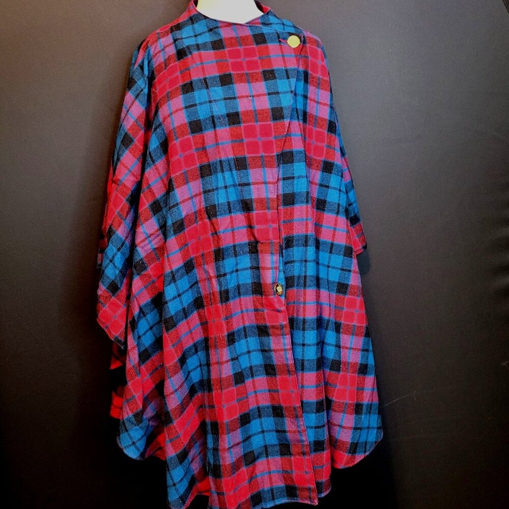Vintage Wool Cape Poncho Burgundy Blue Plaid Button Front OSFM Canada